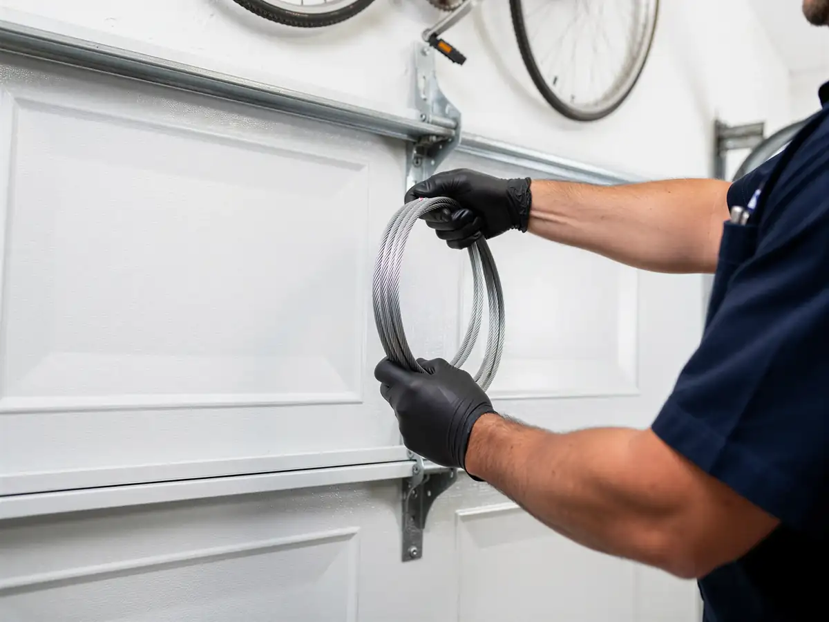 A technician in black gloves holds a coiled cable next to a white garage door.