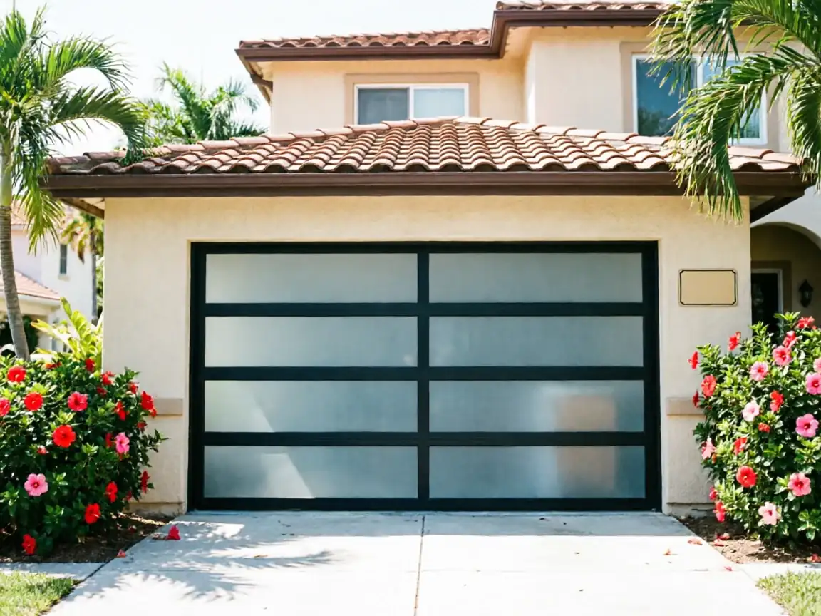 A modern garage door with frosted glass panels on a beige house.