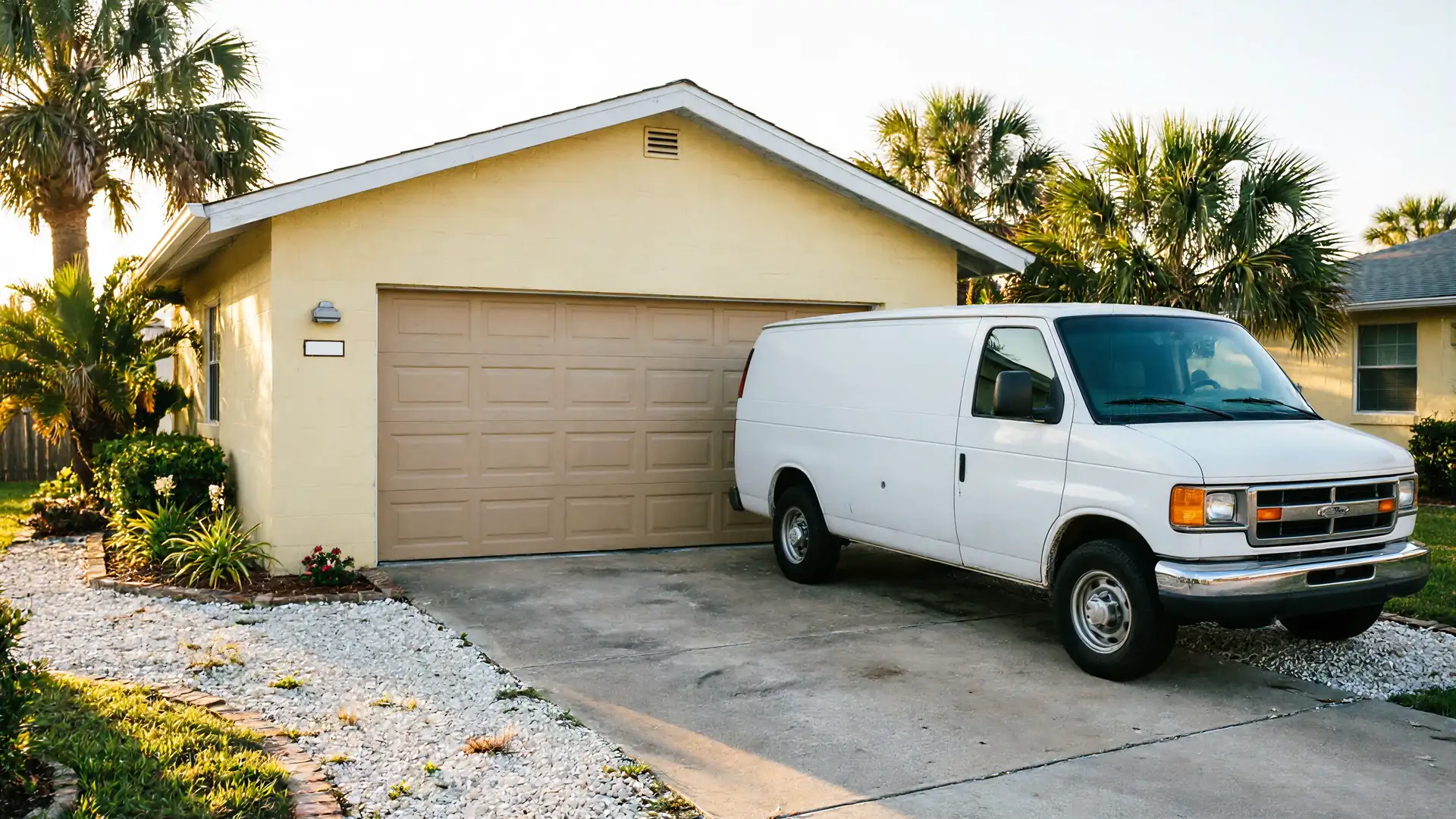 A white service van is parked in front of a tan garage door on a sunny day.