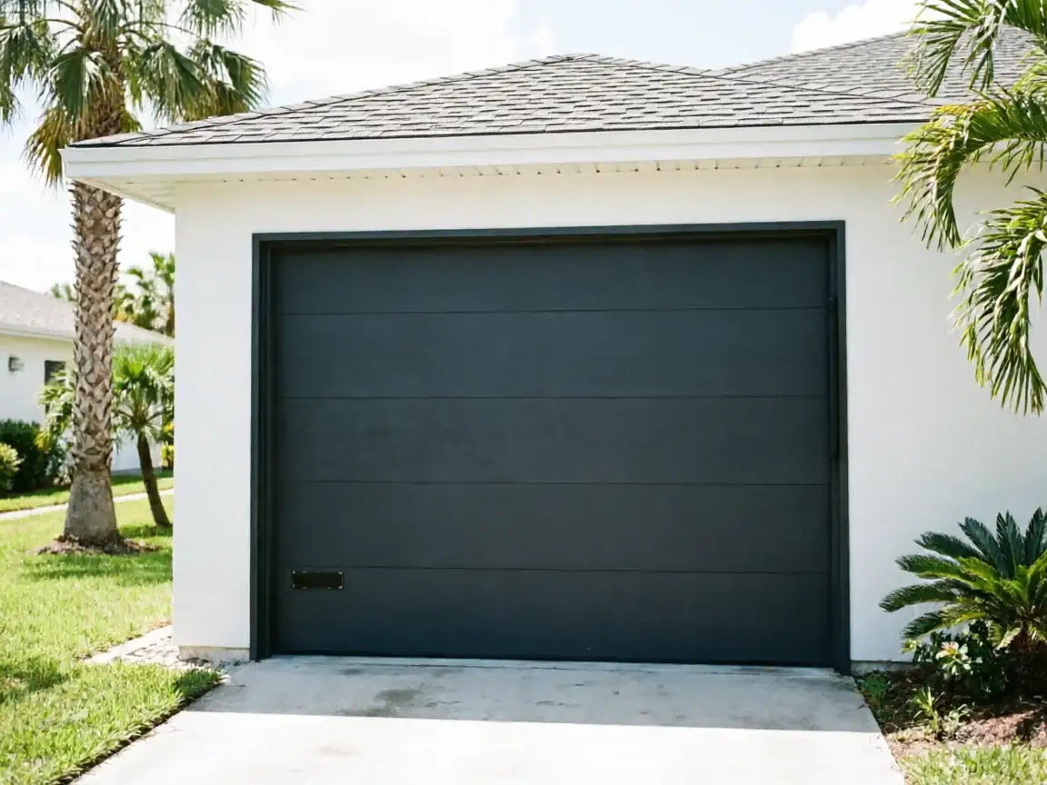 A dark gray garage door on a white house with palm trees.
