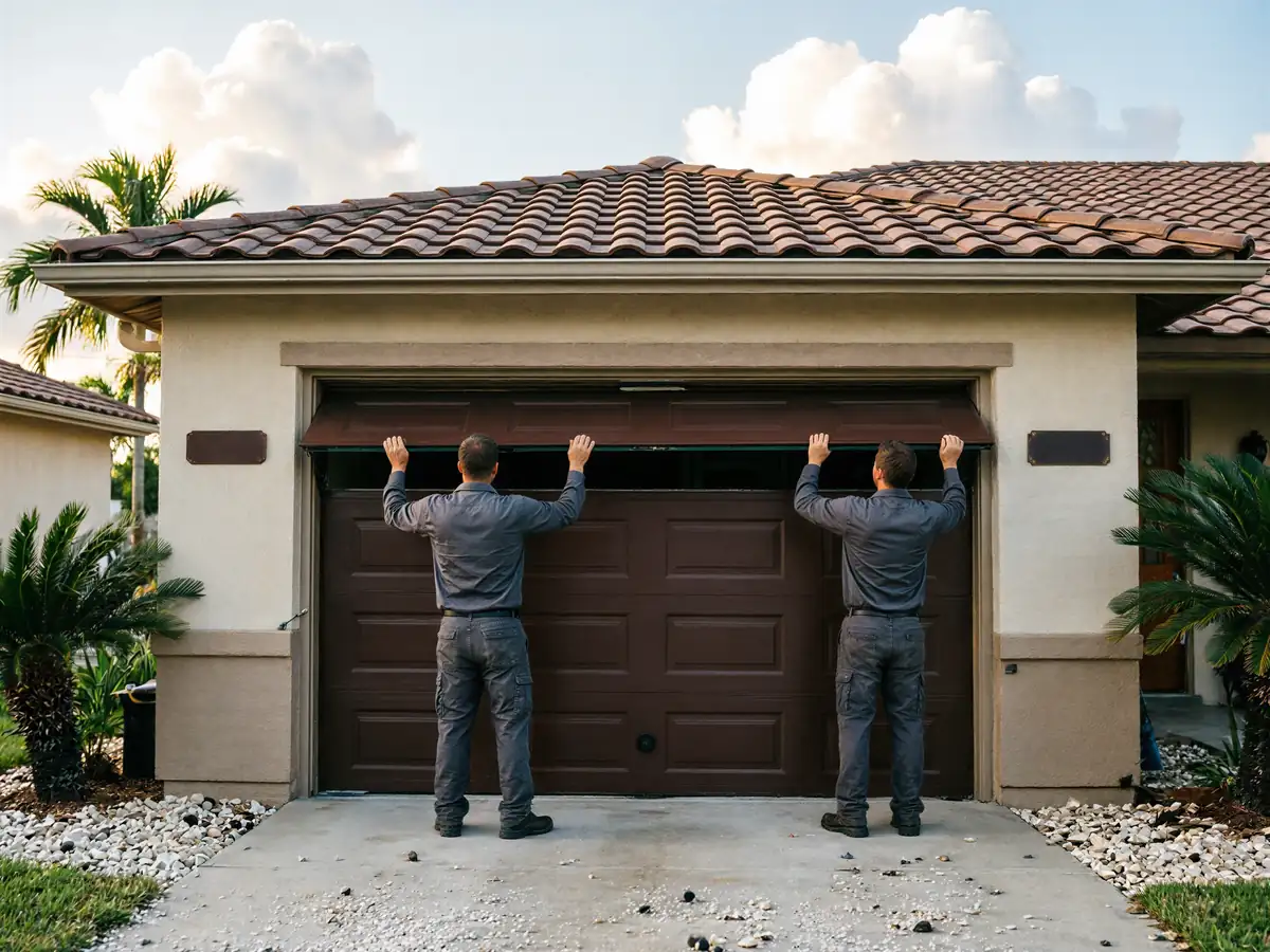 Two technicians are installing a brown garage door on a house.