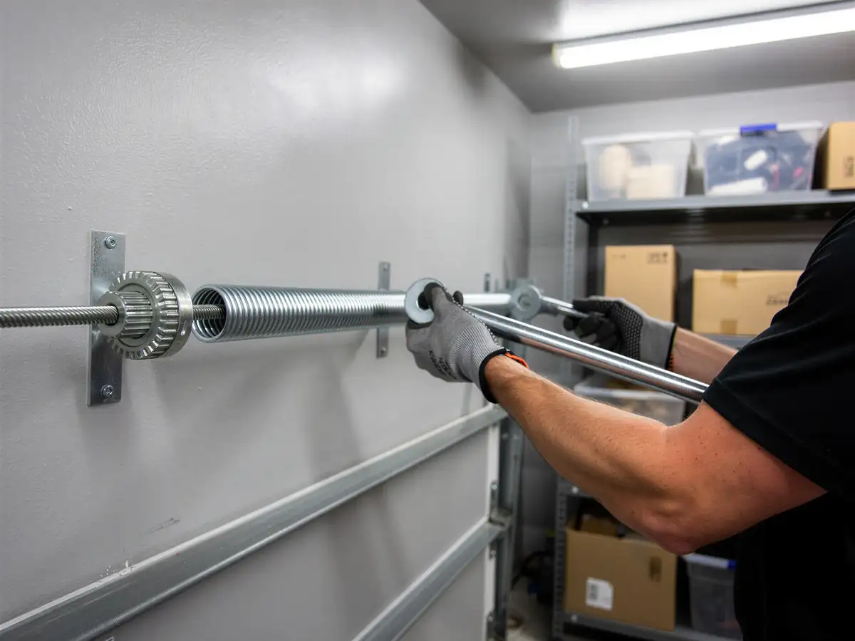 A technician is installing a new torsion spring on a garage door.
